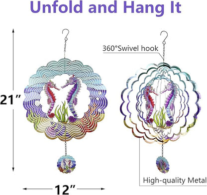 Seahorse 3D Wind Spinner Kinetic Metal Art Hanging Wind Spinner Outdoor Decoration Ocean Ornaments Decor for Yard and Garden