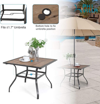 PHI VILLA Patio Dining Table 37“ x 37" Outdoor Dining Furniture Umbrella Table with 1.57" Umbrella Hole, Steel Frame with Premium PVC Table Top for Lawn Garden