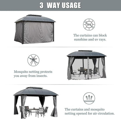 Domi 10'x12' Hardtop Gazebo Arc Canopy,Outdoor Aluminum Gazebo with Galvanized Steel Double Roof,Curtain and Netting,Permanent Gazebos Pavilion for Patio Deck,Backyard,Gray