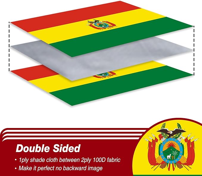 Bolivia Bolivian Flag 3x5 ft Outdoor, Double Sided 3 Ply Heavy Duty Bolivia National Country Flag, 100% Quality Polyester Bolivian Banner with Brass Grommets 4 Rows Stitches