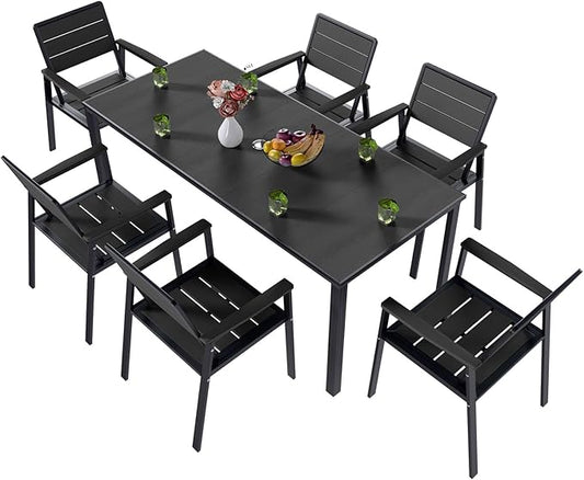 7-Piece Patio Dining Set with 11 FT Curvy Cantilever Umbrella, HDPE Tabletop & Aluminum Frame All-Weather Outdoor Furniture for Garden, Backyard, Poolside, Black