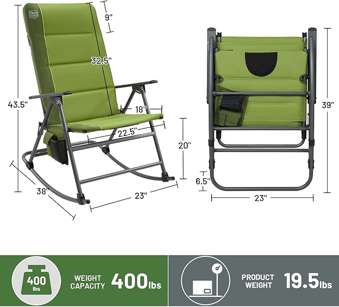 TIMBER RIDGE Oversized Folding Rocking Camping Chair, Padded Outdoor Rocker with High Back, Portable Outdoor Chair for Patio, Garden, Lawn, Supports up to 400 lbs, Green, 2 Pack