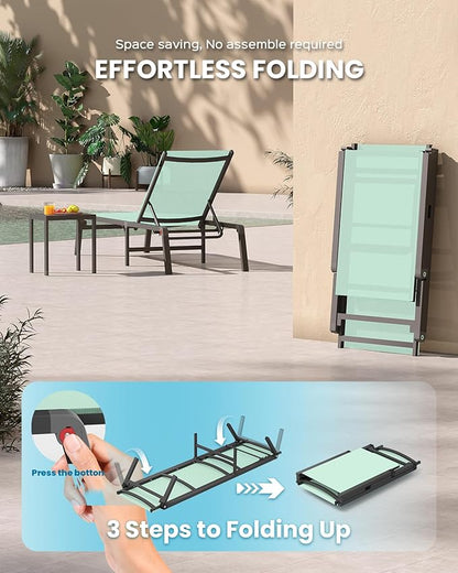 Foldable Pool Lounge Chairs, Aluminum Chaise Lounge Outdoor with 5 Positions Recliner - Free Assembly - Patio Lounge Chair for Poolside, Beach (LightGreen)