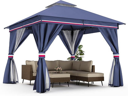 LAUSAINT HOME Outdoor Patio Gazebo 10'x10' with Expansion Bolts, Heavy Duty Gazebos Shelter Party Tent with Double Roofs, Mosquito Nettings and Privacy Screens for Backyard, Garden, Lawn, Elegant Blue