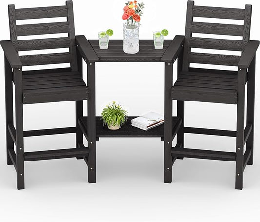 Tall Adirondack Chairs Set of 2, All Weather HDPE Poly Bar Height Balcony Adirondack Chair with Removable Double Connecting Trays, Outdoor Adirondack Barstools for Deck, Patio, Yard, Pool, Lawn