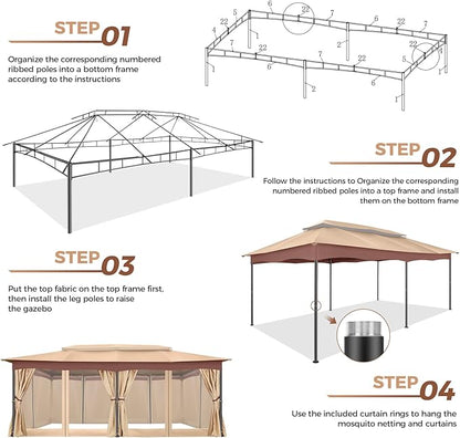 COBIZI Gazebo 12x20 Heavy Duty Gazebos with Curtain and Netting Outdoor Gazebo Canopy Double Roof Patio Gazebos with Metal Steel Frame for Patio, Deck, Backyard (Khaki)