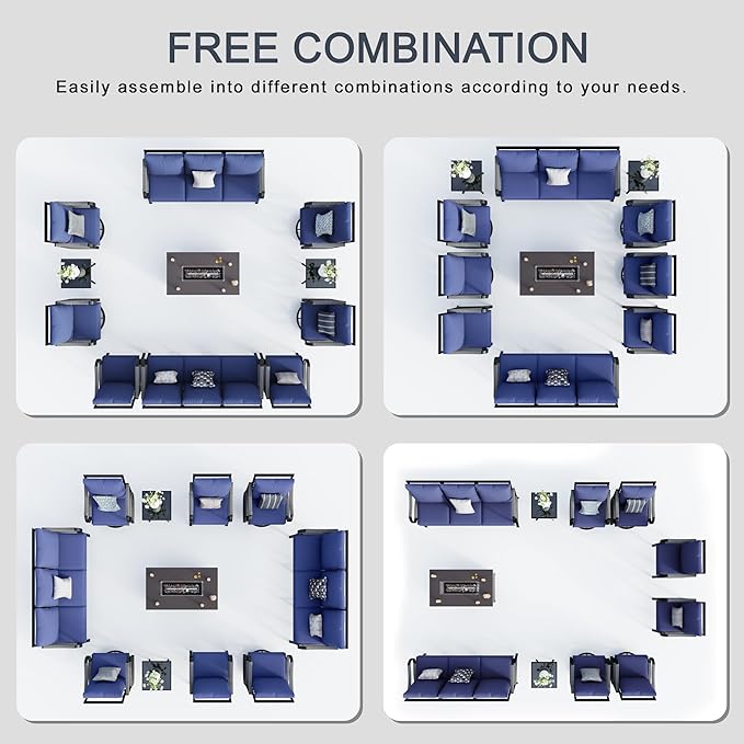 11 Pieces Modern Patio Furniture Set, All Weather Metal Outdoor Conversation Sets with Fire Pit Table for Backyard Garden Deck Porch Poolside, Blue