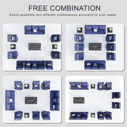 11 Pieces Modern Patio Furniture Set, All Weather Metal Outdoor Conversation Sets with Fire Pit Table for Backyard Garden Deck Porch Poolside, Blue
