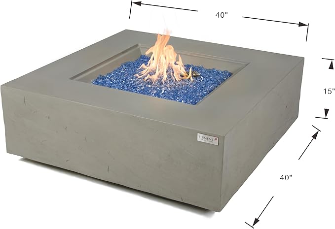 Elementi+ | Bundle Capertee Gas Fire Pit Cast Concrete 40" Square Fire Table, Outdoor Fire Pit Electronic Ignition | Canvas Cover, Fire Glass and Burner Lid Included | Light Gray | Natural Gas