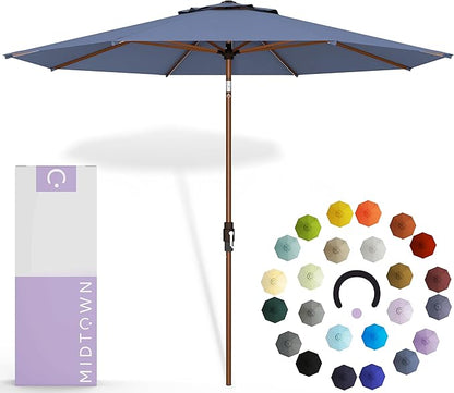 Midtown Umbrellas Wooden 2-8 Feet Outdoor Patio Umbrella, Terylast Light Navy Fabric, Aluminum Frame For Backyard Umbrella, Deck Umbrella, Garden Umbrella & Pool Umbrella - Wooden Pole