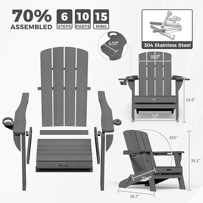 Folding Adirondack Chair Wood Texture 2 Pack, HDPE All-Weather Fire Pit Chairs, Plastic Adirondack Chairs with 2 Cup Holder, Outdoor Lawn Chair for Patio Garden (Grey)