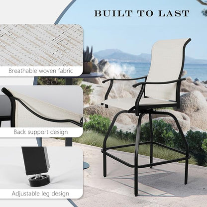 LEVELEVE Patio Bar Set 2pcs Swivel Bar Stools Outdoor Bistro Textilene Furniture Stability All-Weather Set (2, Beige Fabric)