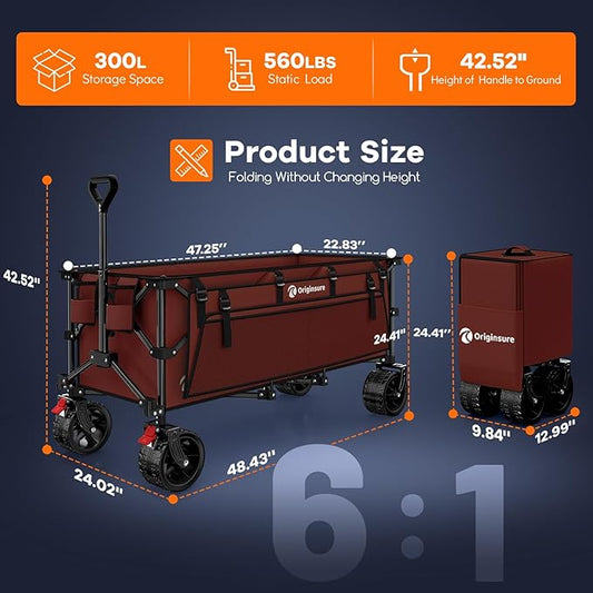 48" L Collapsible Wagon Cart Foldable, 560lbs Weight Capacity 300L Heavy Duty Folding Beach Wagons with Big All-Terrain Wheels, Utility Carts for Groceries, Shopping, Camping, Sports - Red