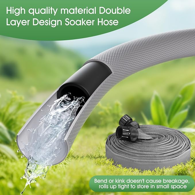 Flat Soaker Hose 50 ft for Garden Beds, Linkable Drip Irrigation Hose, Double-Layer PVC, Leakproof & Kink-Resistant, Even Seepage Saves up to 80% Water