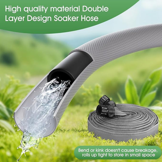 Flat Soaker Hose 50 FT*2Pack for Garden Beds, Linkable Drip Irrigation Hose, Double-Layer PVC, Leakproof & Kink-Resistant, Even Seepage Saves up to 80% Water