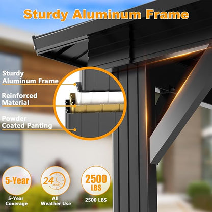 HOTEEL 10x15 Hardtop Gazebo with Flame-Retardant Curtain & Netting, Hot Tub Gazebo with Galvanized Steel Double Roof, Heavy Duty Permanent Pavilion Outdoor for Patio, Frame Thickened, Black(Upgraded)