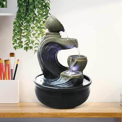 Indoor Tabletop Water Fountain with LED Light - 15.7-inch High 4-Tier Desktop Waterfall Fountain for Home Bedroom Office Decor