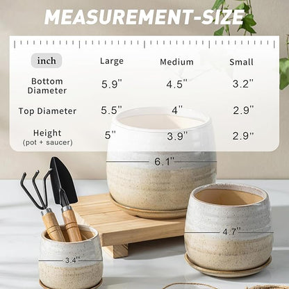 3 Pack Ceramic Small Plant Pots Planters for Indoor Flowers Plants with Drainage Holes & Saucer, Cactus Succulent, Home Decor, 3.4+4.7+6.1 Inch Flower Pot Set of 3, White