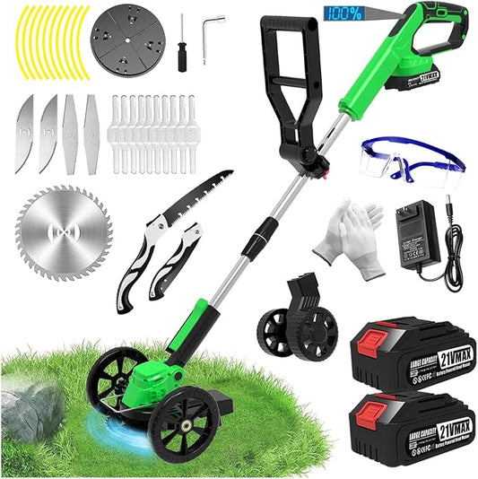 Electric Cordless Weed Wacker Eater Battery Powered Weed Trimmer with 2 21V/2.0Ah Battery Operated & Wheels & Charger & 5 Types Blades, No-String Brush Cutter/Grass Trimmer/Lawn Edger for Garden Yard