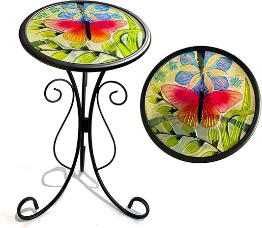 HONGLAND Outdoor Side Table, Small Outdoor Table, 12" Round Patio Side Table End Table, Glass Plant Stand, Small Bistro Coffee Table for Garden Patio Porch Living Room (Butterfly)