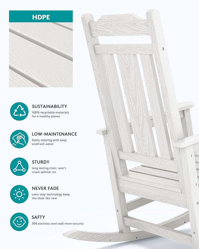 SERWALL Outdoor Rocking Chair White Set of 4, All Weather Patio Rocking Chair, HDPE Poly Rocking Chair for Adults, Heavy Duty Front Porch Rocker