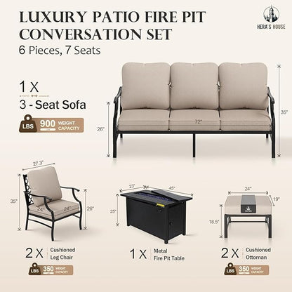HERA'S HOUSE 6 Pieces Patio Furniture Set with Fire Pit Table, 2 x Single Chair, 2 x Ottoman, 3-Seat Sofa with 45" Fire Pit Table, Outdoor Conversation Set for Garden, Poolside, Backyard