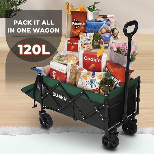 Collapsible Tailgate Wagon with Wheels, Compact Size Folding Utility Cart, 380LBS Capacity for Garden, Grocery, Beach, Camping – Portable Heavy Duty Cart(Army Green)