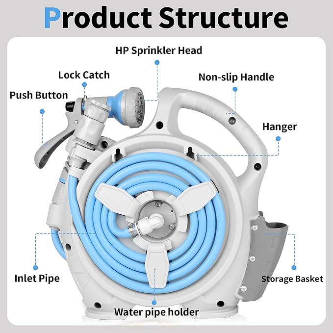Kitness Mini Retractable Garden Hose Reel, Portable Simple Home 45+5 FT Hose Reel with 7 Adjustable Patterns Spray Nozzle&Standard Connector, Watering Hose Reel for Gardens Yards and lawns (Bule)