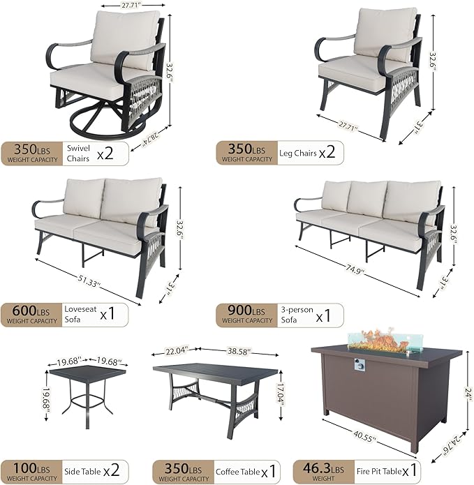 12 Pieces Outdoor Patio Conversation Sets with All Weather Cushions, Metal 3-Seater, 4 Swivel Rockers, 2 Single Chairs, 1 Loveseat, 2 Side Tables, 1 Coffee Table, 1 Fire Pit Table for Backyard, Beige