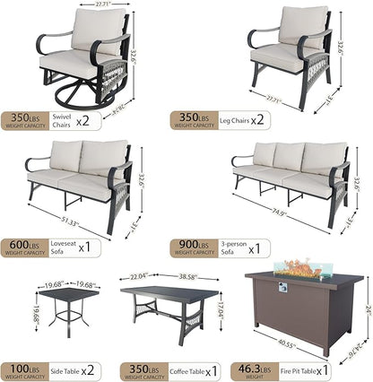 12 Pieces Outdoor Patio Conversation Sets with All Weather Cushions, Metal 3-Seater, 4 Swivel Rockers, 2 Single Chairs, 1 Loveseat, 2 Side Tables, 1 Coffee Table, 1 Fire Pit Table for Backyard, Beige