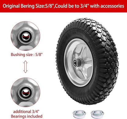 4.80/4.00-8" Tire, 16" Pneumatic Wheelbarrow Tire and Wheel with 5/8" Bearings (Extra 3/4") and 3" Centered Hub for Wheelbarrow/Garden Carts/Hand Truck/Yard Wagon Dump Cart (2-Pack)