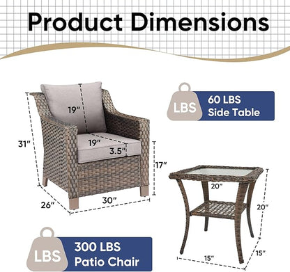 3 Pieces Patio Furniture Set-Wicker Patio Chairs Set of 2 with Tempered Glass End Table Outdoor Patio Chairs for Deck Balcony Poolside Backyard-Brown/Grey