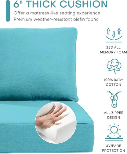 Luxury 22x24/22x25 6-Inch Patio Chair Cushions Set of 3 - Deep Seat Water-Resistant Patio Cushion for Dining Rocking Swivel Glider Loveseat 3-Seater Sectional Sofa - Turquoise