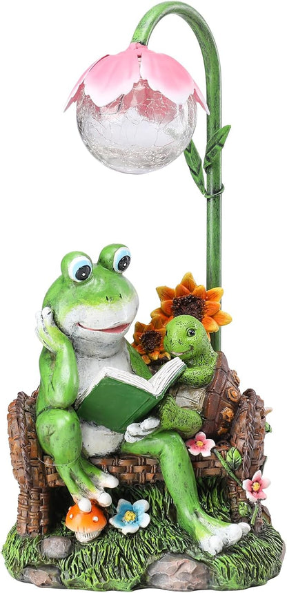A-First Solar Garden Outdoor Statues Frog Turtle Reading Sculptures Figurine with Solar Lights for Patio Balcony Yard Ornament Outdoor Decor Gift