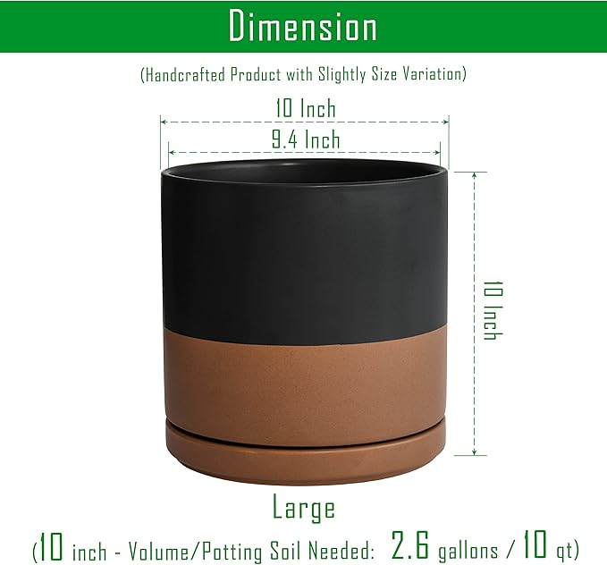 D'vine Dev Set of 2 Plants Pot, 10 Inch Ceramic Planter Pot for Plants with Drainage Hole and Saucer, Black/Speckled Tan, 94-V-E-7