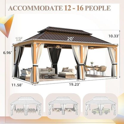 YOLENY 12'x20' Hardtop Gazebo, Wood Grain Aluminum Frame Pergola with Galvanized Steel Roof, Outdoor Metal Gazebos with Curtains and Nettings for Patio, Backyard, Deck and Lawns