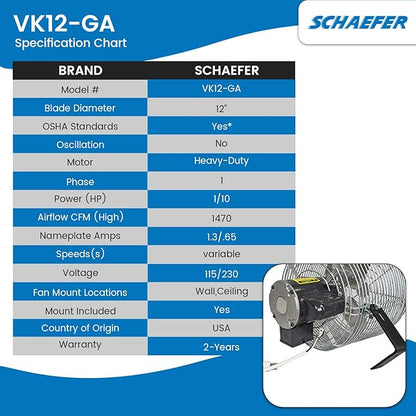 Schaefer VK12-GA VersaKool Air Circulator Fan, Ceiling Wall Mount & Aluminum Blade, 1470 CFM, 1/10 hp, Energy-Efficient Commercial Fan for Patio, Garage, Industrial & Workshop (Silver)