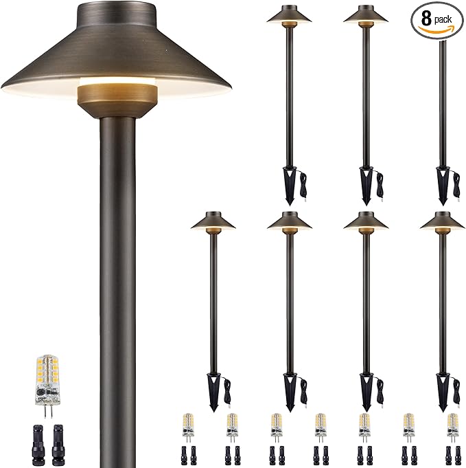 Gardenreet Brass Low Voltage Path Lights - 12V LED Landscaping Pathway Lamp IP65 Waterproof, Wired Walkway Lighting Outdoor, Bronze for Lawn Backyard with 3W 4000K Neutral White G4 Bulb (8 Pack)