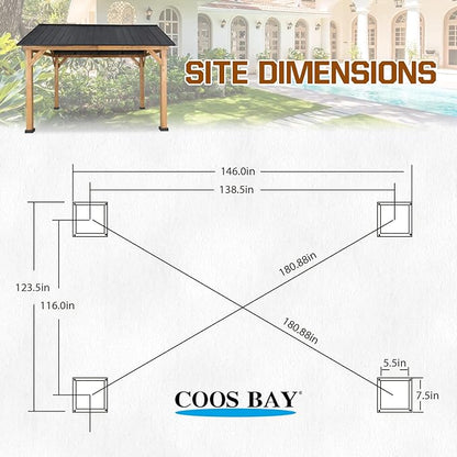 COOS BAY 11x13 Hardtop Gazebo with Cedar Wood Frame, Galvanized Steel Gable Roof Outdoor Pavilion for Garden, Lawn, Poolside, Patio, Deck, Natural Wood/Black