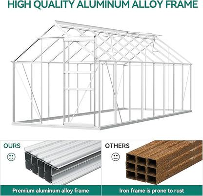 YITAHOME 6x16FT Polycarbonate Greenhouse Large Heavy Duty Green Houses Outdoor Aluminum Greenhouses with Sliding Doors Vent Window Walk-in Greenhouse for Garden Backyard, Silver