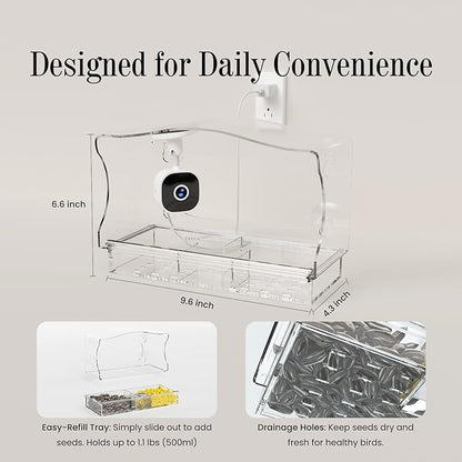 Freesason Smart Bird Feeder with Camera & AI Bird Identifier, 2K HD Auto-Capture Video, Window Mounted with Strong Suction Cups, Unique Tech Gift for Birds Watchers (Clear)