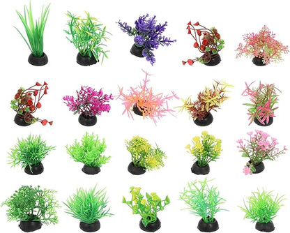 20pcs Fish Tank Decorations Set Aquarium Plants, Colorful Artificial Decor - Mini Plastic Water Plants Grass Accessories for Betta Goldfish Turtle, Random Color