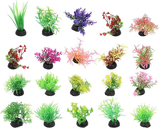 20pcs Fish Tank Decorations Set Aquarium Plants, Colorful Artificial Decor - Mini Plastic Water Plants Grass Accessories for Betta Goldfish Turtle, Random Color