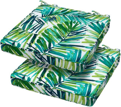 Magpie Fabrics Square Corner Seat Cushion, 18" x 18" x 2.5", 2 Pack, Indoor/Outdoor Waterproof Weather Resistant Universal Chair Pads for Patio Garden Dining - Green Palm Leaves