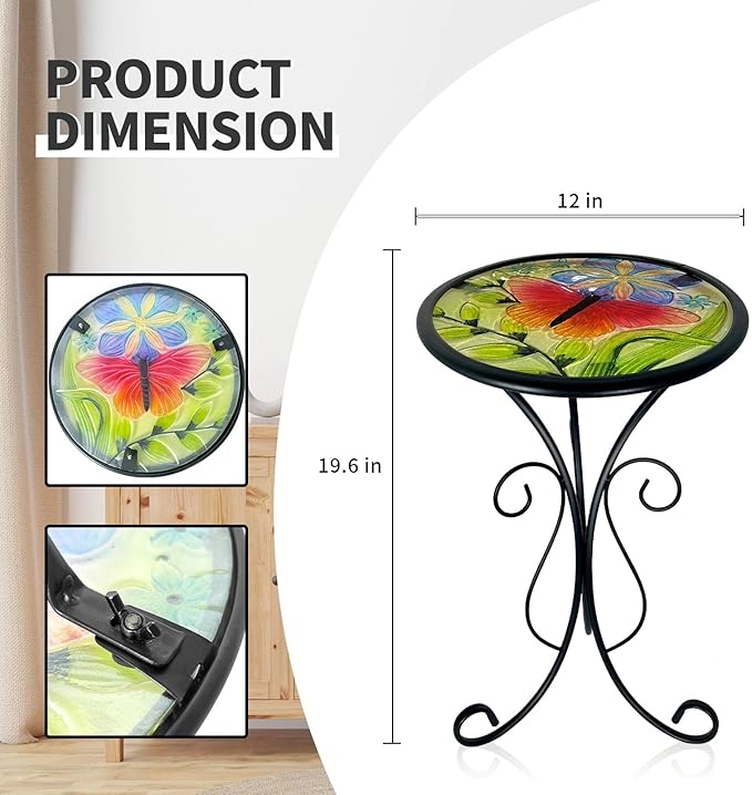 HONGLAND Outdoor Side Table, Small Outdoor Table, 12" Round Patio Side Table End Table, Glass Plant Stand, Small Bistro Coffee Table for Garden Patio Porch Living Room (Butterfly)