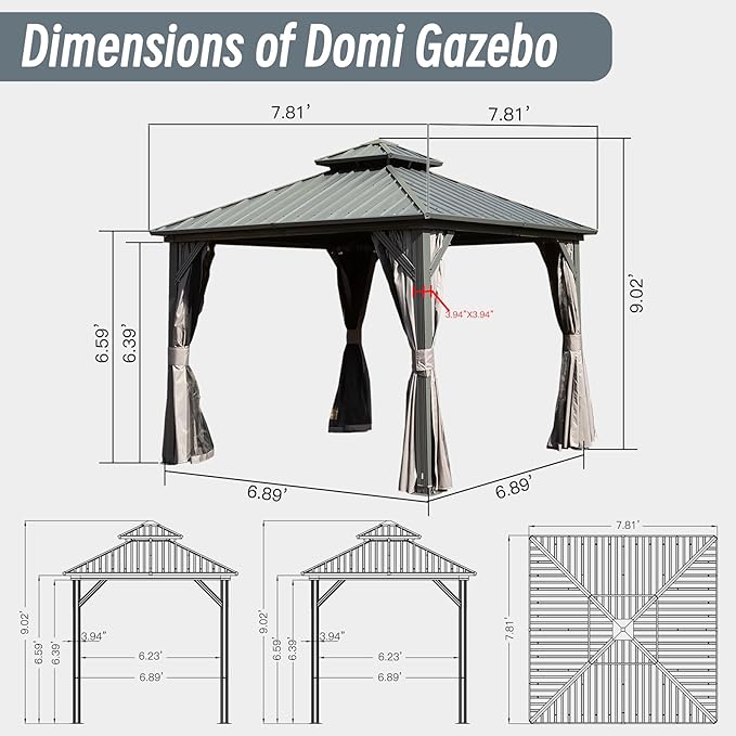 Domi 8' x 8' Hardtop Gazebo Permanent Metal Gazebo with Galvanized Steel Double Roof, Curtains and Netting for Party, Wedding, Outdoor Dining, Patio, Backyard, Gray