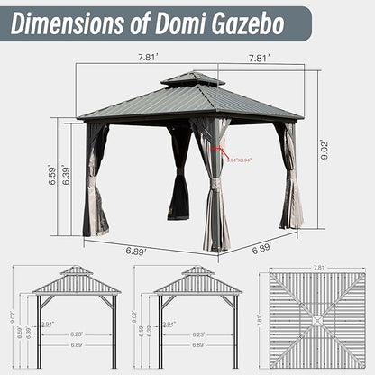 Domi 8' x 8' Hardtop Gazebo Permanent Metal Gazebo with Galvanized Steel Double Roof, Curtains and Netting for Party, Wedding, Outdoor Dining, Patio, Backyard, Gray