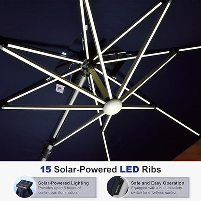 PURPLE LEAF 9' X 12' Double Top Deluxe Solar Powered LED Rectangle Patio Umbrella Offset Hanging Umbrella Outdoor Market Umbrella Garden Umbrella,Navy Blue