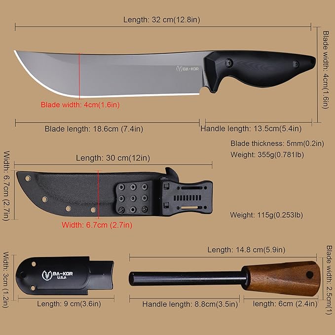 BA-KOR 5MM (9CR18MOV) steel 12.8'' full tang camping knife +K sheathing &5.9" cerium igniter can be used outdoors for outdoor hunting, camping, obstacle clearing, wood chopping, BBQ, fishing, kitchen cutting, EDC tools, gifts