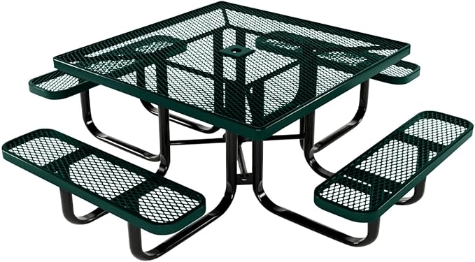 COATEDOUTDOORFURNITURE Heavy-Duty Portable Outdoor Kids Table with Umbrella Hole, Expanded Metal Kids Picnic Table, Commercial-Grade, Made in America (46 in, Square, Childrens, Dark Green)